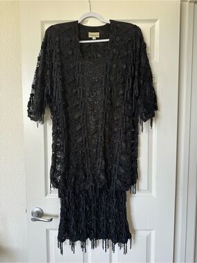 DAMIANOU Vintage Flapper Dress Black Lace Fringe Thread Tassel